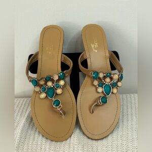 Madeline Stuart  Tan Thong Sandals with Teal and Gold Gem Detail in size 9